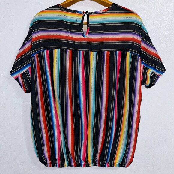 Merigold Kiss Multicolor Stripe Top Women’s Large Short Sleeve Boho Peasant - Picture 2 of 8